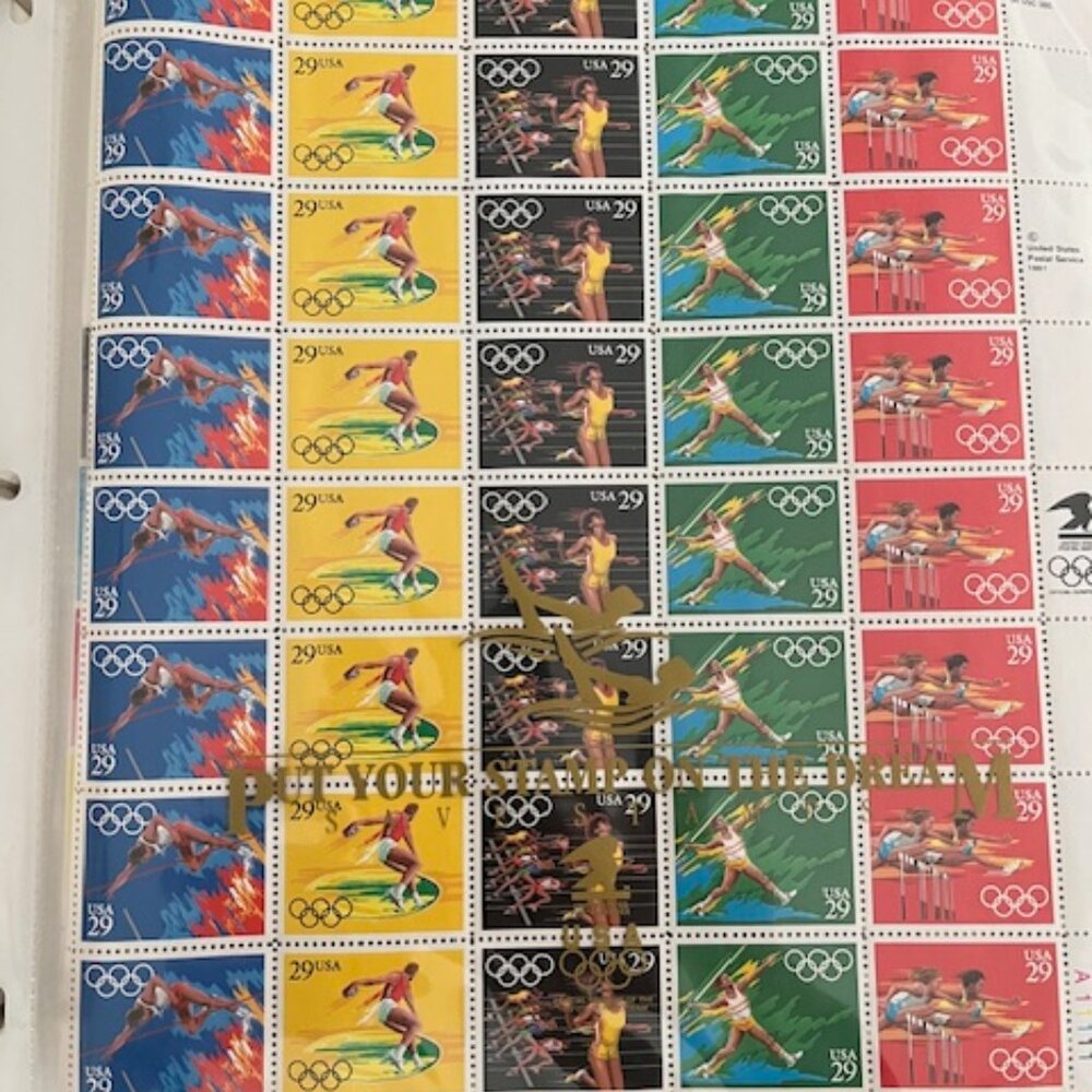5 sheets of vintage 1988 Olympic Stamp Collection printed 1991 / 200 total